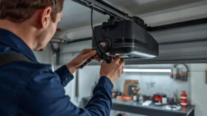 Technician adjusting garage door opener motor system