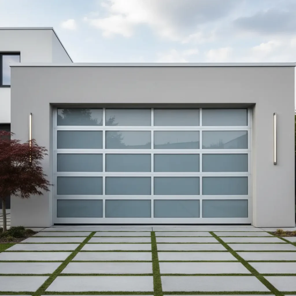 A modern, minimalist garage door with frosted glass panels and a sleek aluminum frame.