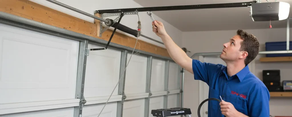 a technician actively working on the cables and drums of a garage door