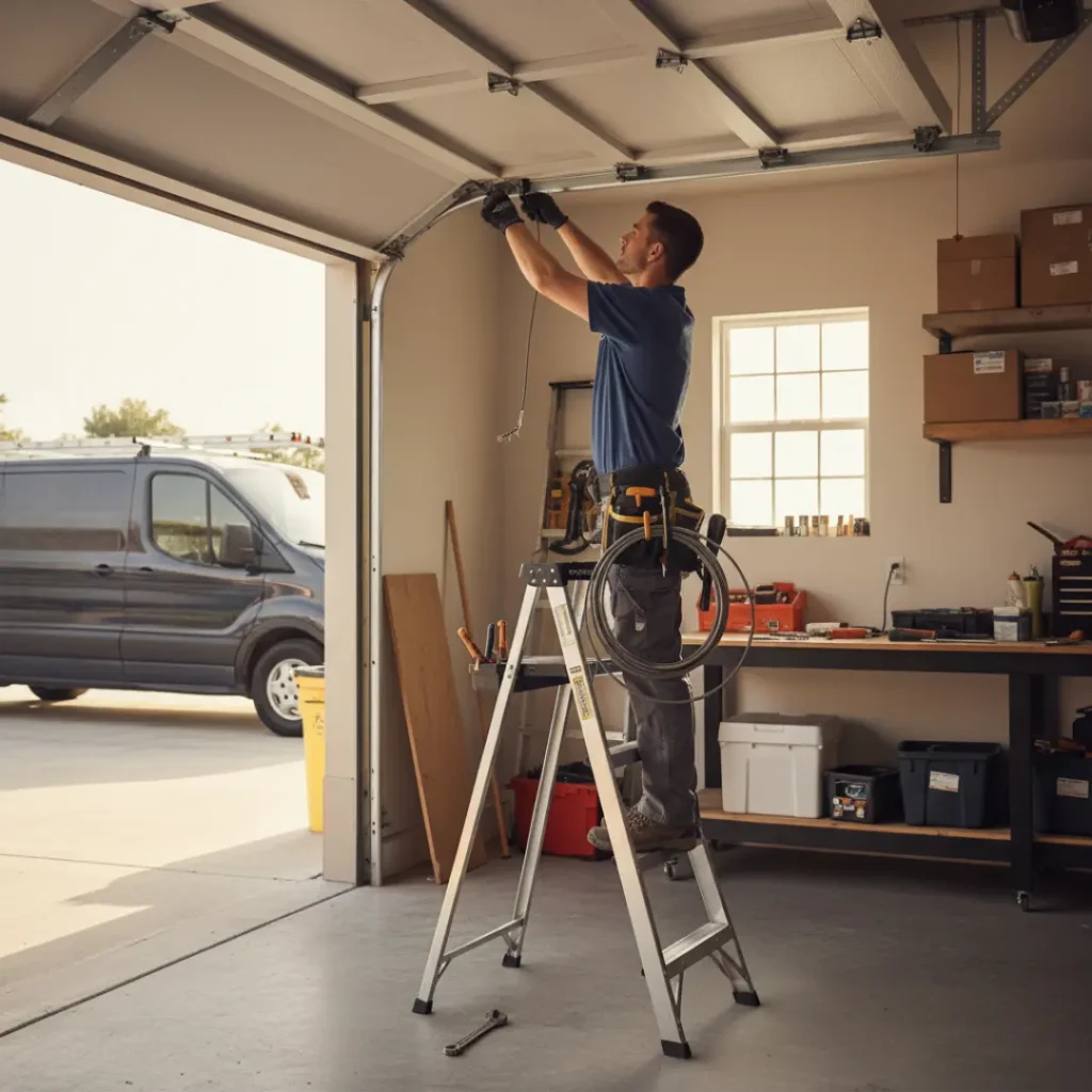 a technician repairing a garage door cable