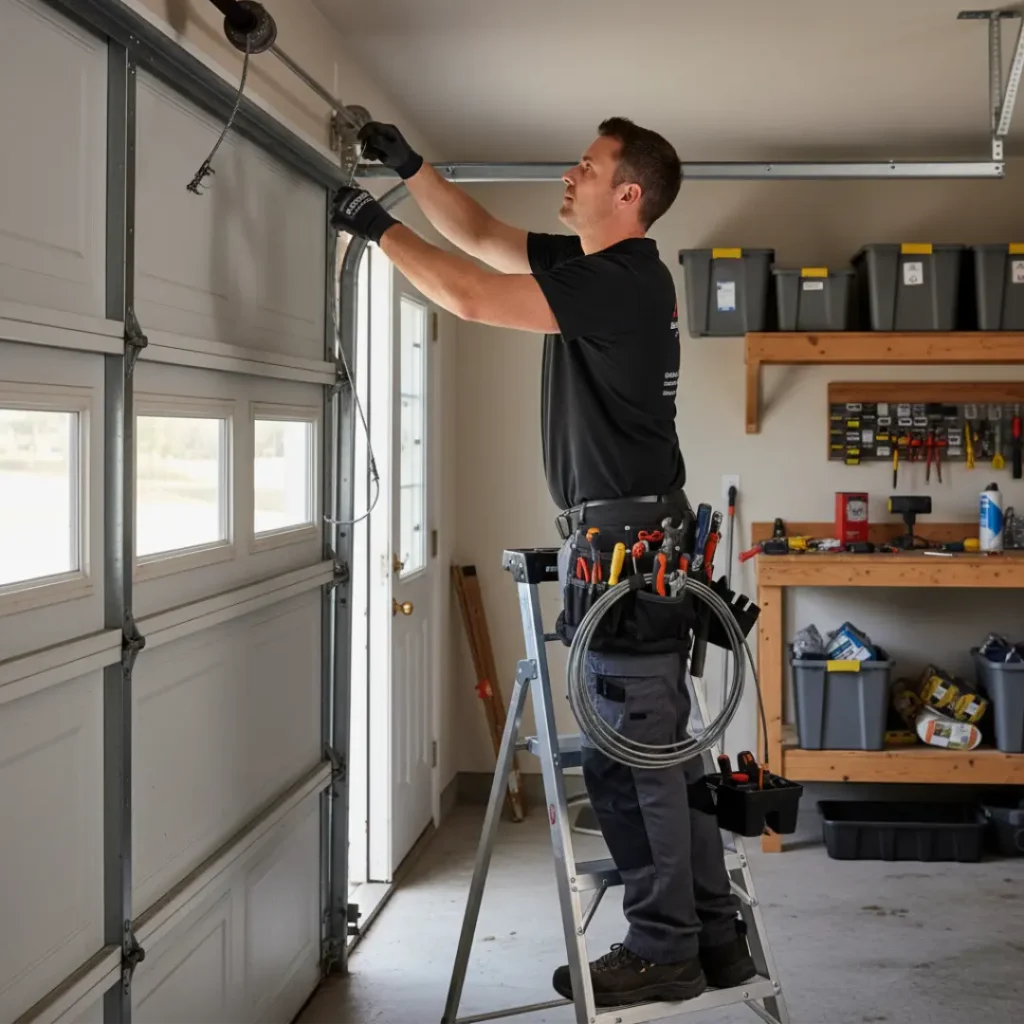 a technician repairing a garage door cable