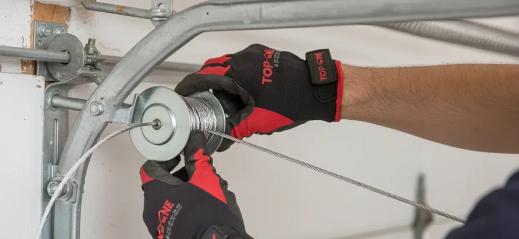 a technician's hand, gloved and precisely working on re-winding or installing a new cable onto the drum