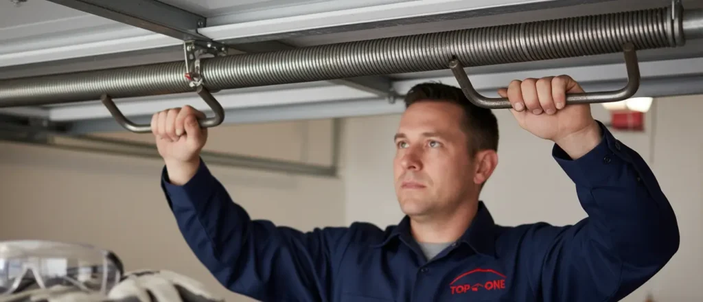 a skilled technician safely working on garage door springs