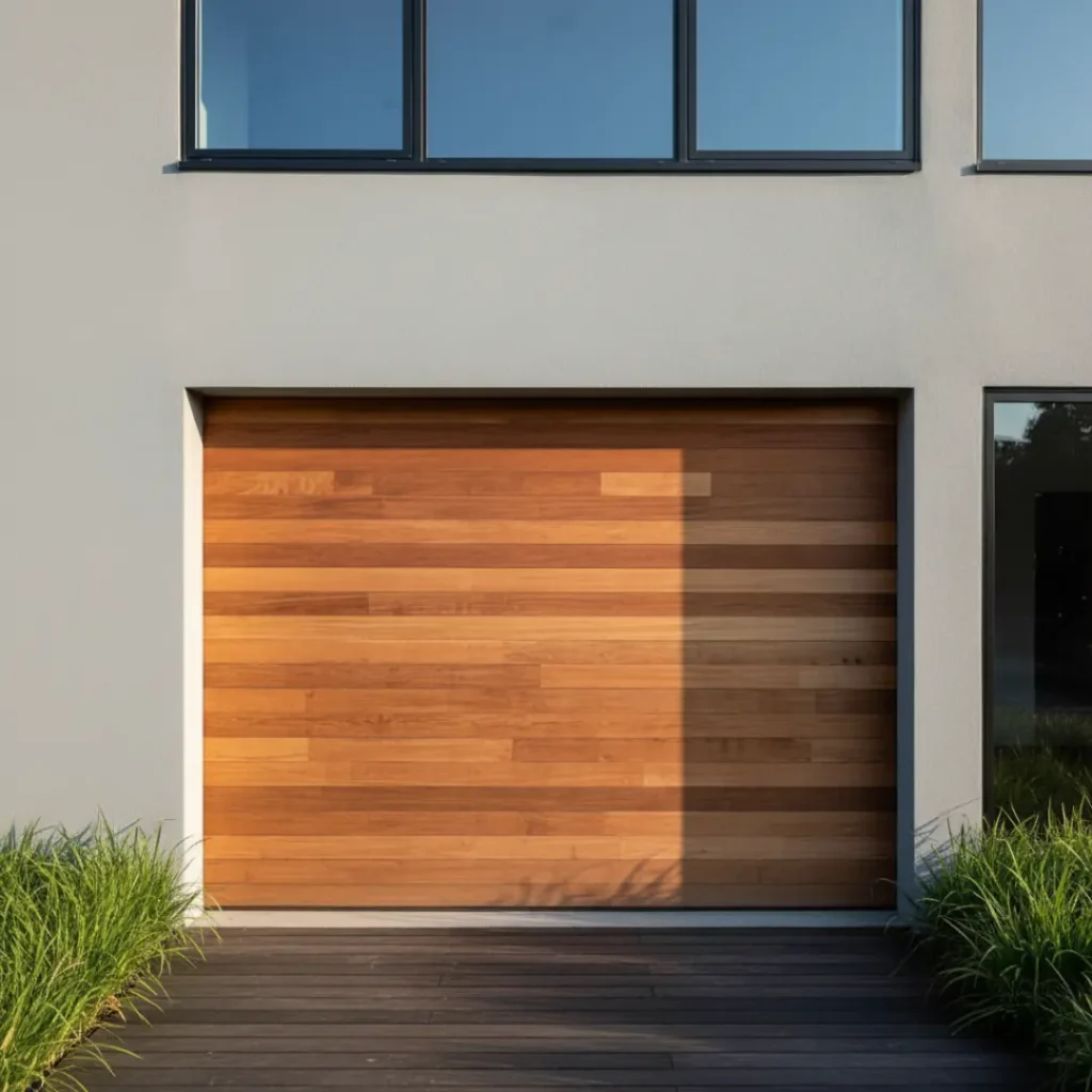 A contemporary garage door featuring horizontal cedar planks in varying widths, creating a textured look.