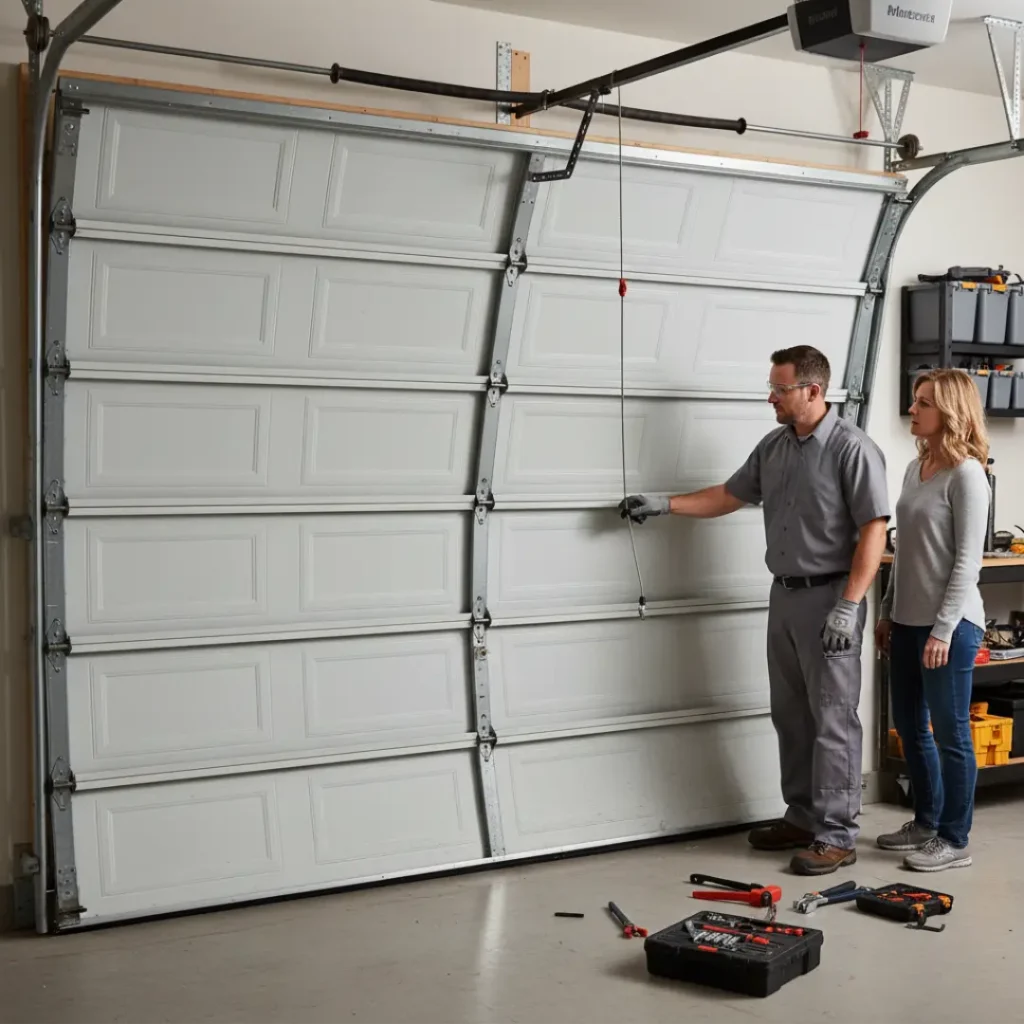 a garage door that has come off its tracks, clearly showing the problem