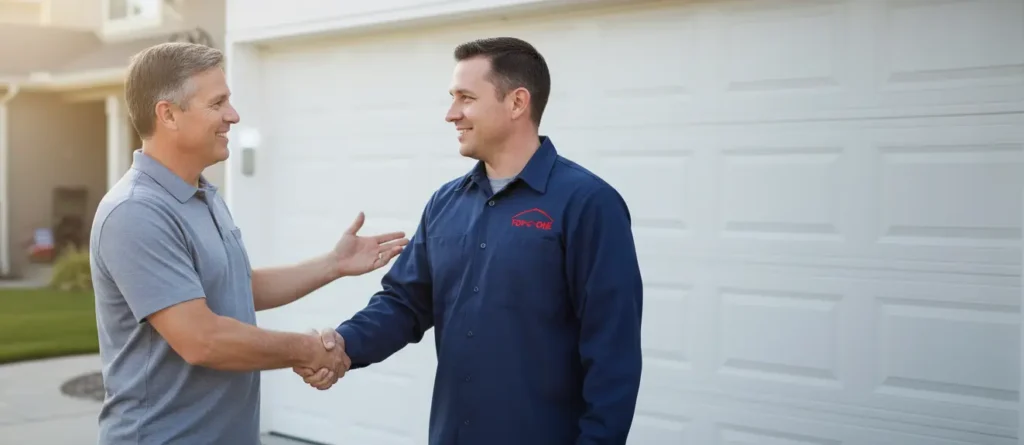 technician (in uniform) completing the job and shaking hands with a happy homeowner in front of the newly installed garage door