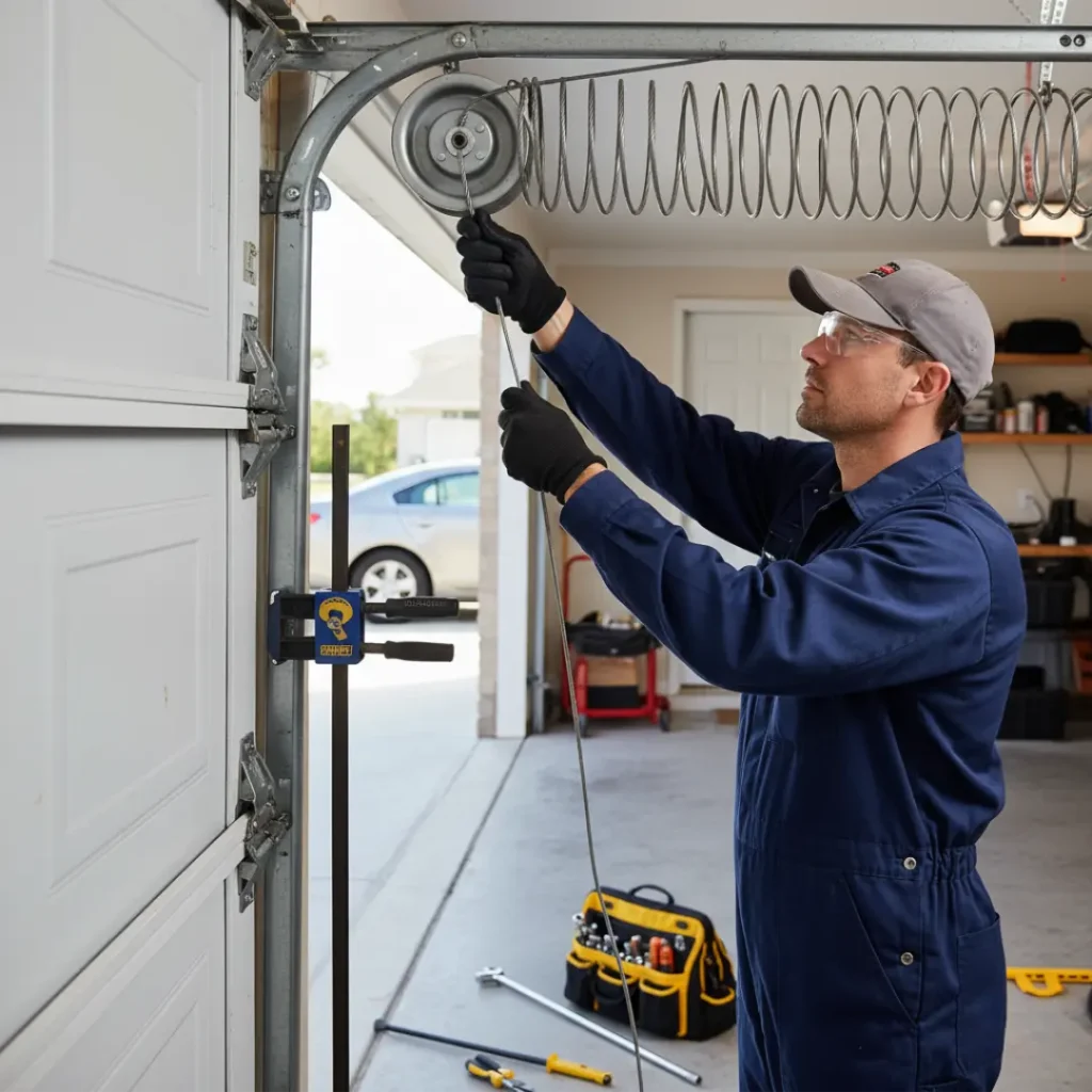 a technician repairing a garage door cable