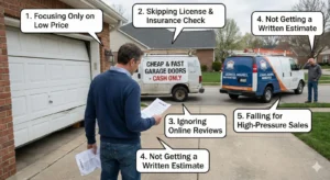 A person standing in front of a garage, holding a contract, with a van in the background showing a sign for "Cheap & Fast Garage Doors" and five common mistakes when choosing garage door services