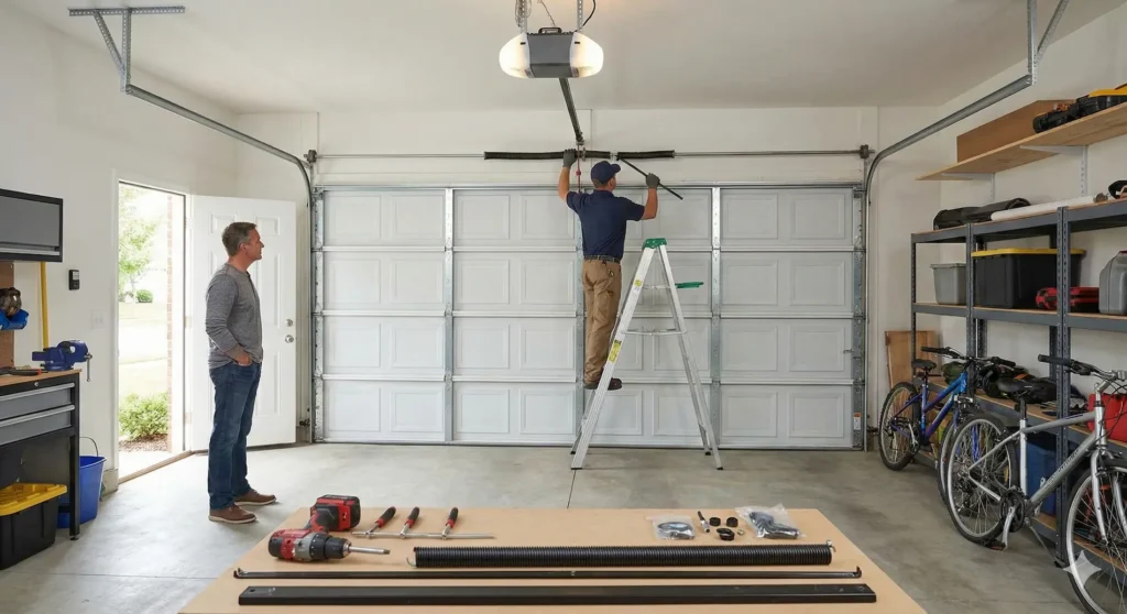 New garage door opener while the homeowner watches in a well-organized garage.