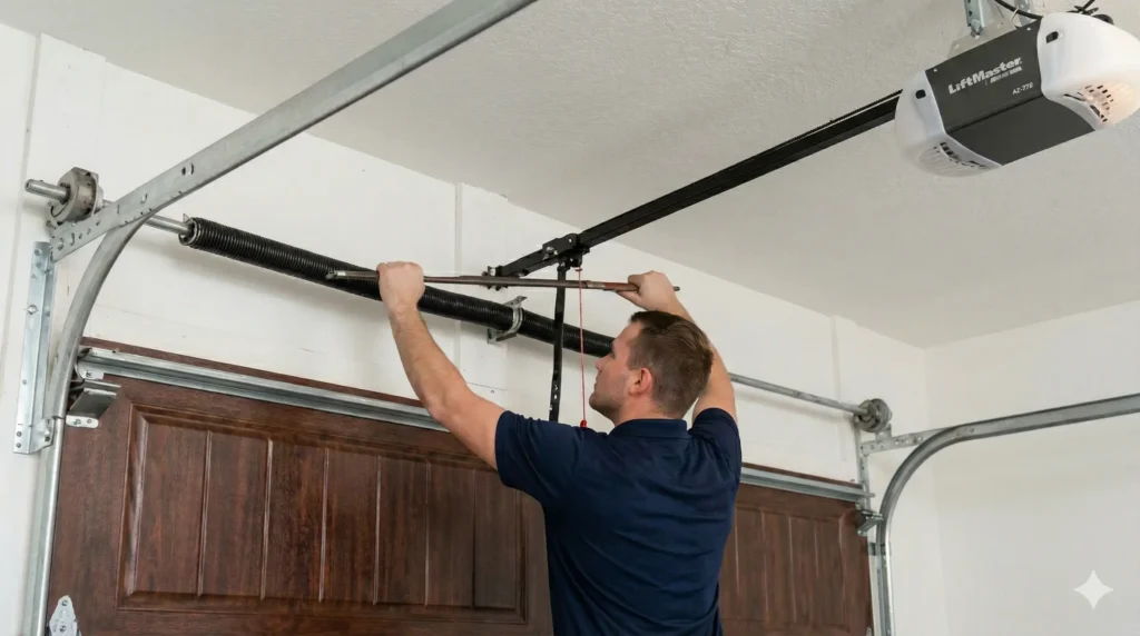 Technician adjusting the garage door spring mechanism during installation or repair.