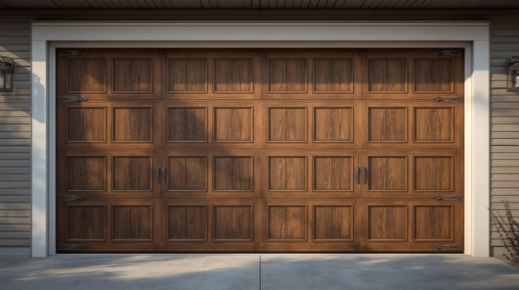 Wooden garage door with classic panel design
