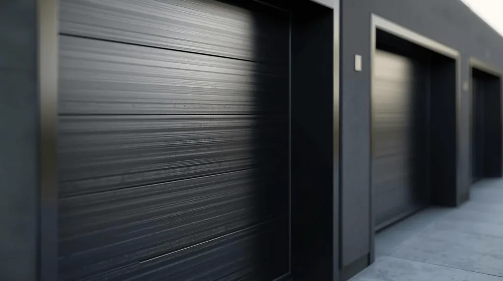 Black contemporary garage door with side entry