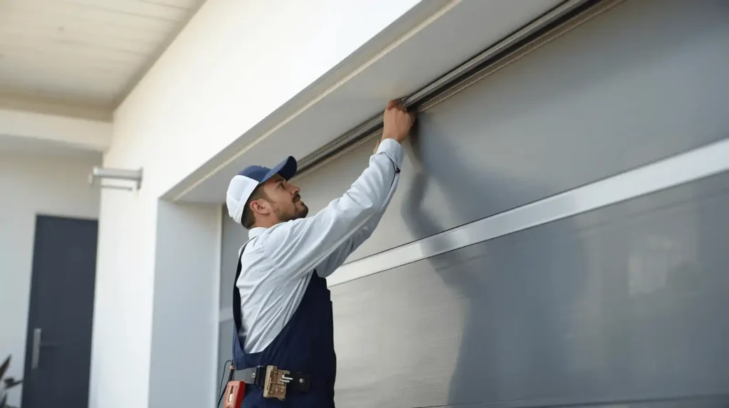 Technician adjusting residential garage door panel
