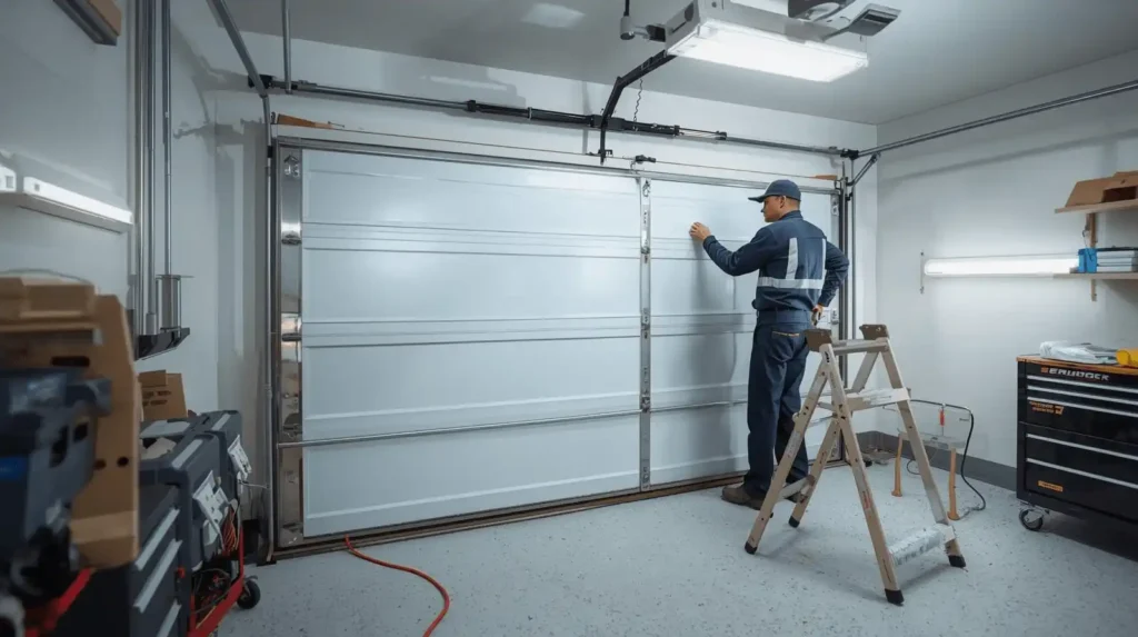 Professional installing sectional garage door indoors