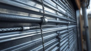 Garage door cable and metal track close up