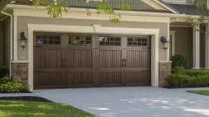 Wood garage door on stone home