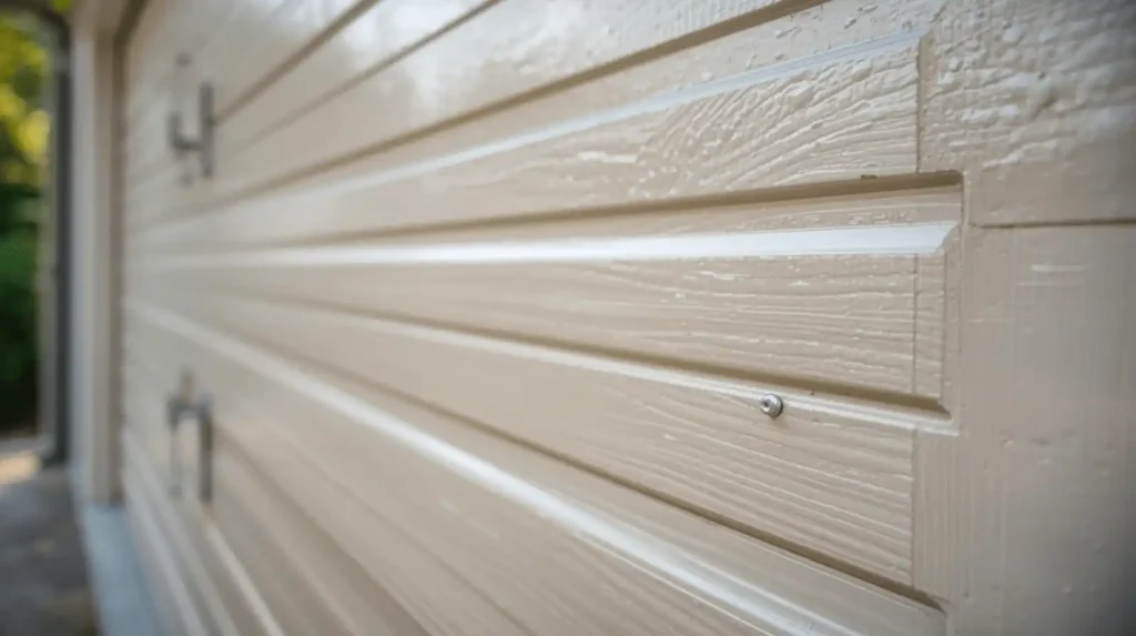 Beige textured garage door panel close up