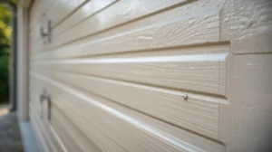 Beige textured garage door panel close up
