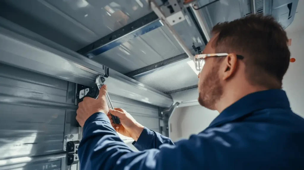 Technician repairing garage door hardware inside
