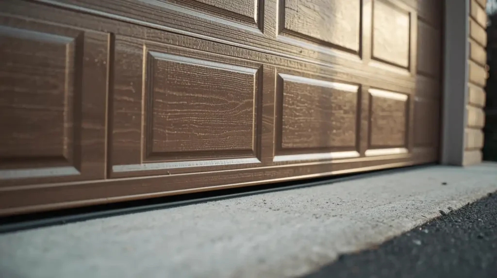 Close up brown paneled garage door bottom
