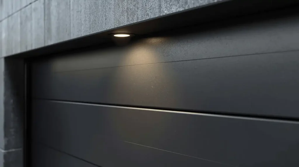 Sleek black garage door with light