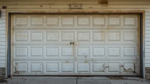 Rusty damaged residential garage door exterior