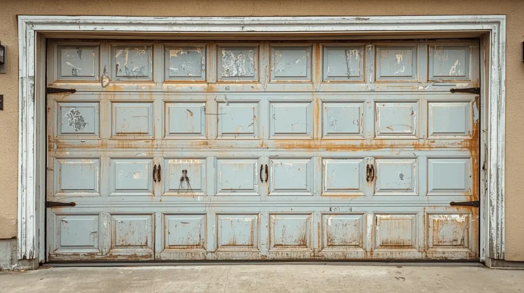 Peeling paint and rusted garage door