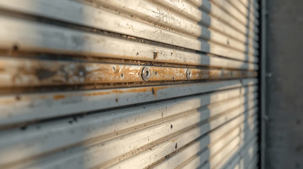 Rusty garage door panel with visible damage