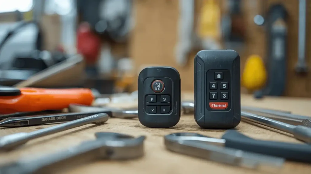 Two garage door remotes on tools