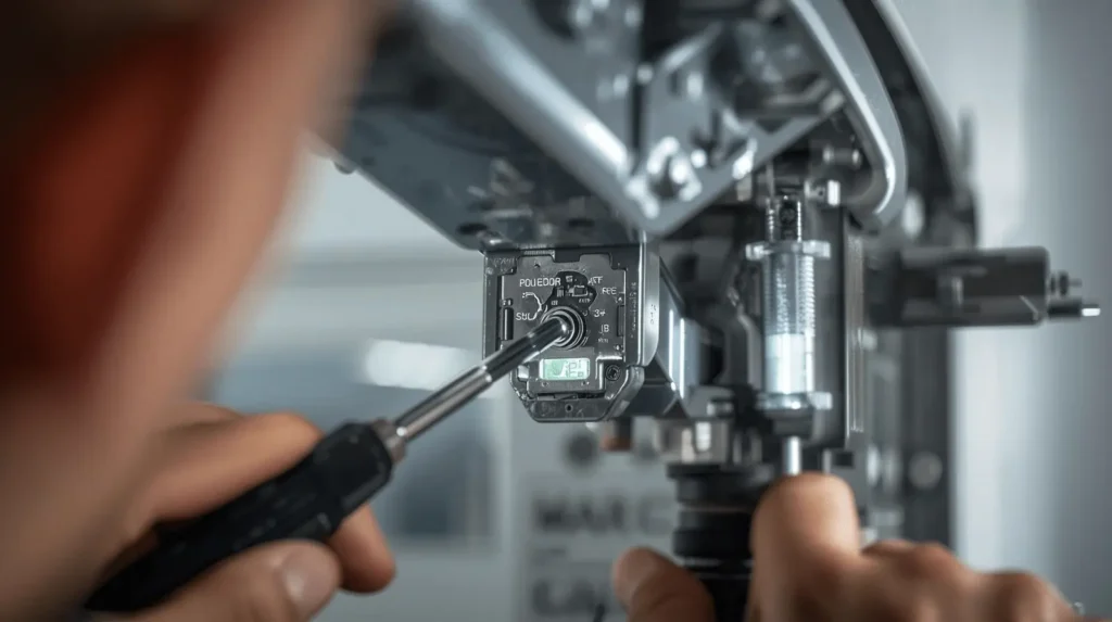 Technician adjusting garage door sensor.