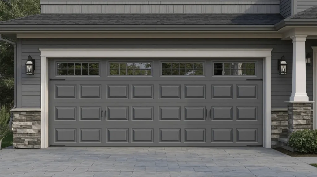 Gray garage door with windows and handles.