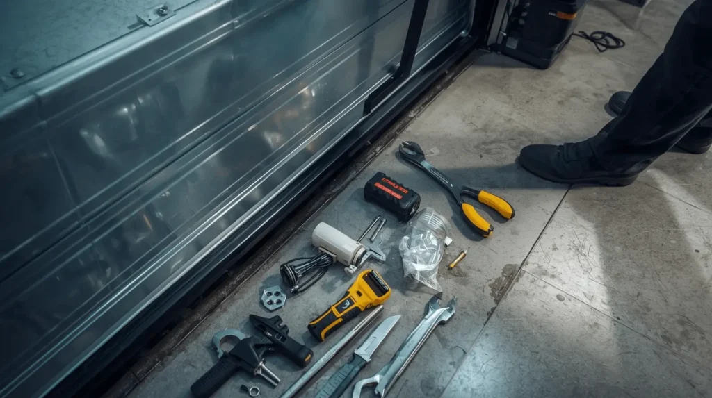 Garage door repair tools laid out on floor