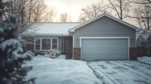 Snow-covered house with a white garage door.