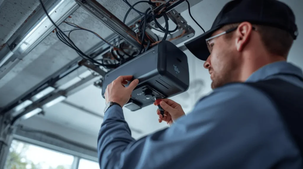 Garage door technician installing sensors