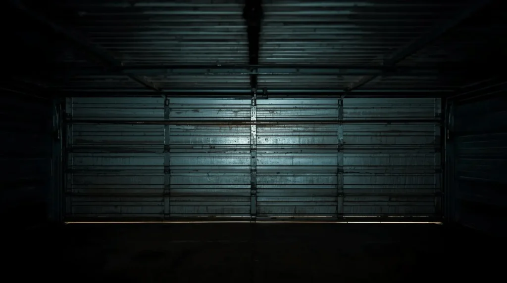 Closed metal garage door in dark garage interior