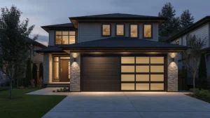 Modern two story home with illuminated garage door