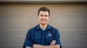 Garage door technician standing confidently in uniform