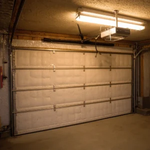 Interior of garage door showing insulation