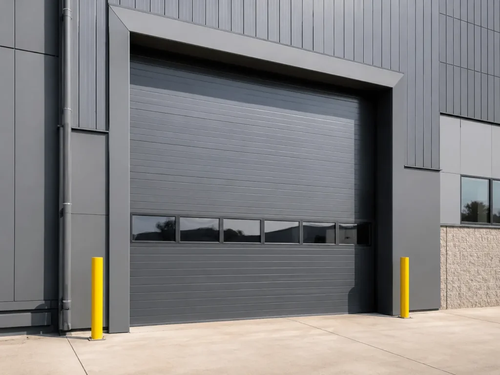 A commercial exterior with a large garage door.
