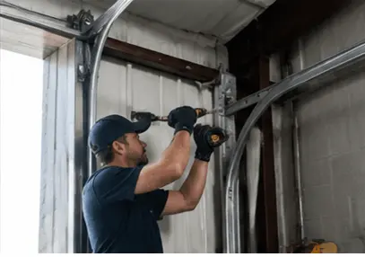 Mechanic working on commercial garage door interior