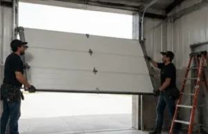 Mechanics installing commercial garage door