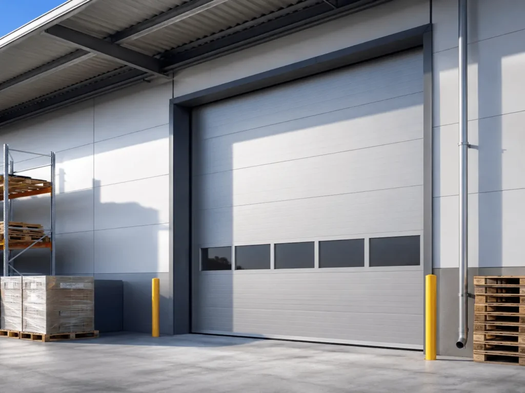A commercial exterior with a large garage door.
