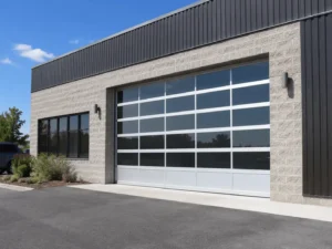 A commercial exterior with a large garage door.