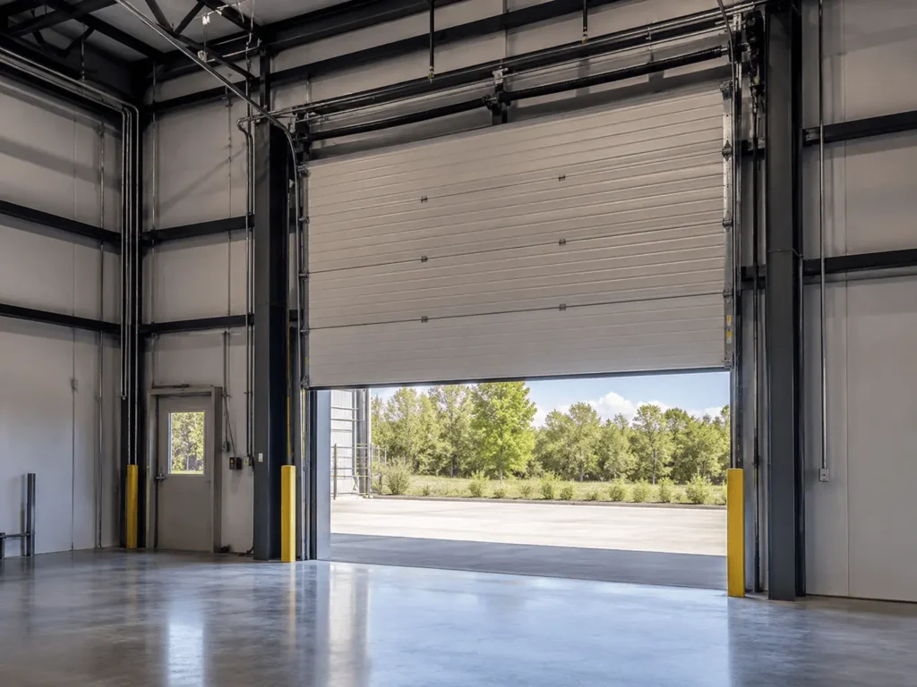 A commercial exterior with a large garage door.