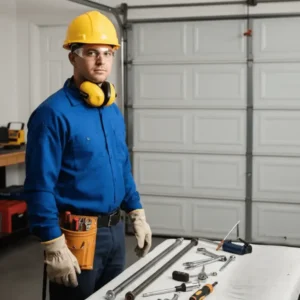 Professional garage door technician with repair tools