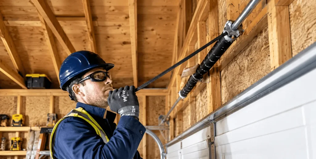 Technician adjusting garage door torsion spring safely