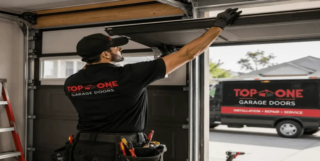 Garage door technician installing overhead panel