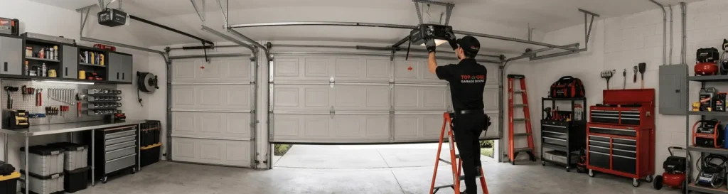 Garage door technician installing opener system