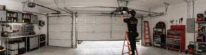 Garage door technician installing opener system