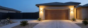 Modern home wood garage door at night